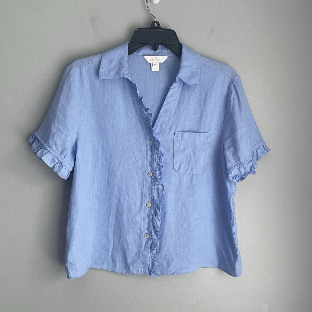 Lilly Pulitzer Ruffle Linen Shirt Size XS Blue Collared Button-Up Short Sleeve